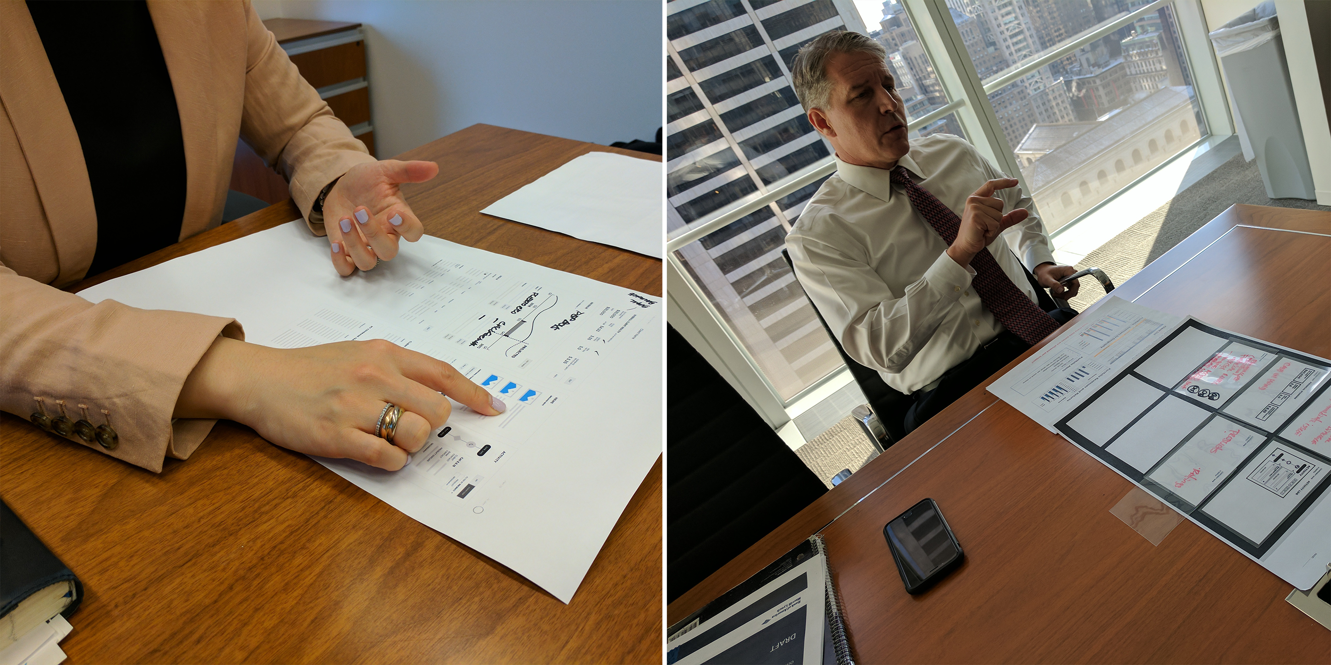 Bankers reviewing paper interface concepts during live prototyping sessions