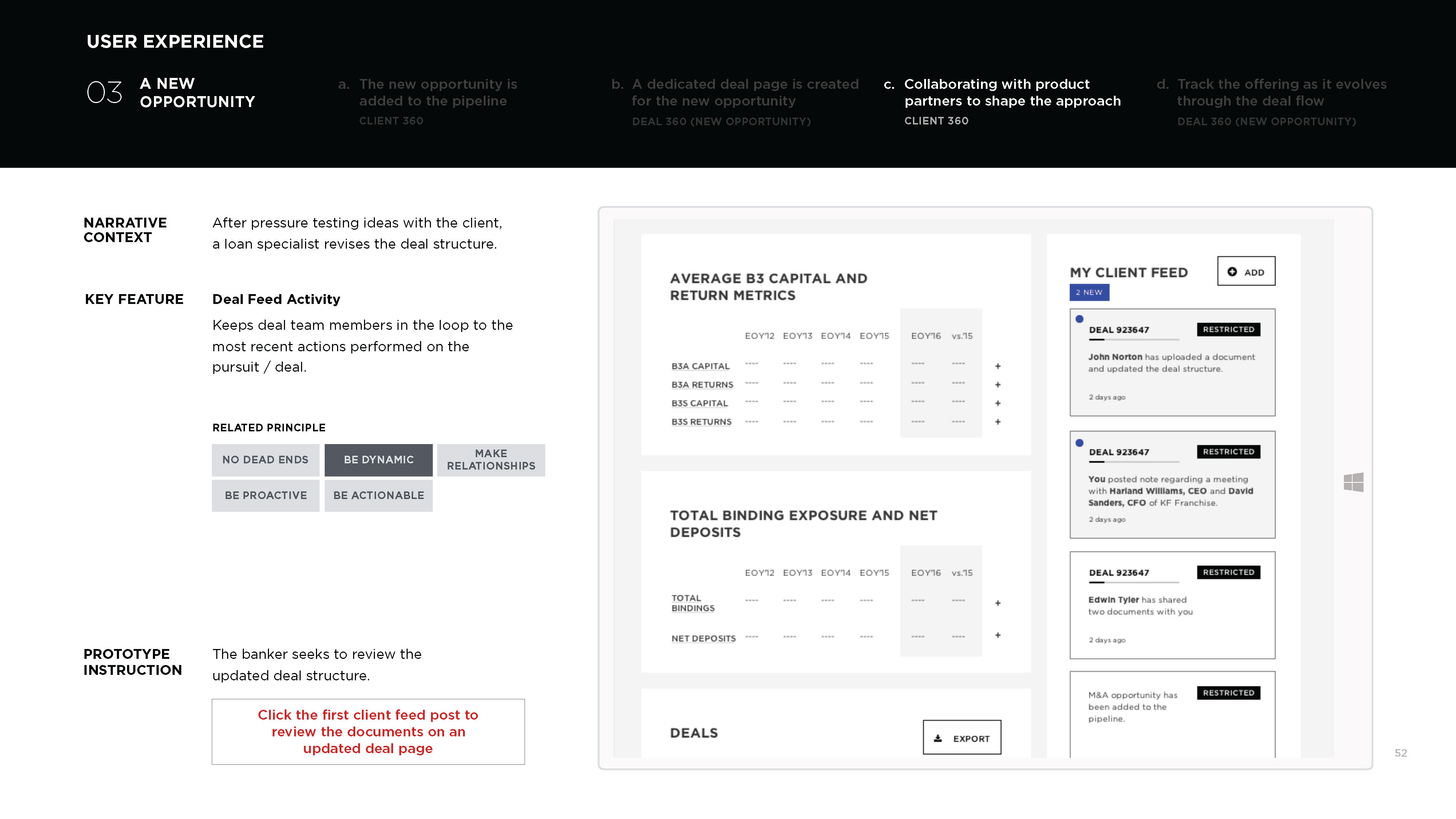 Client 360 feed showing product-partner activity on a deal