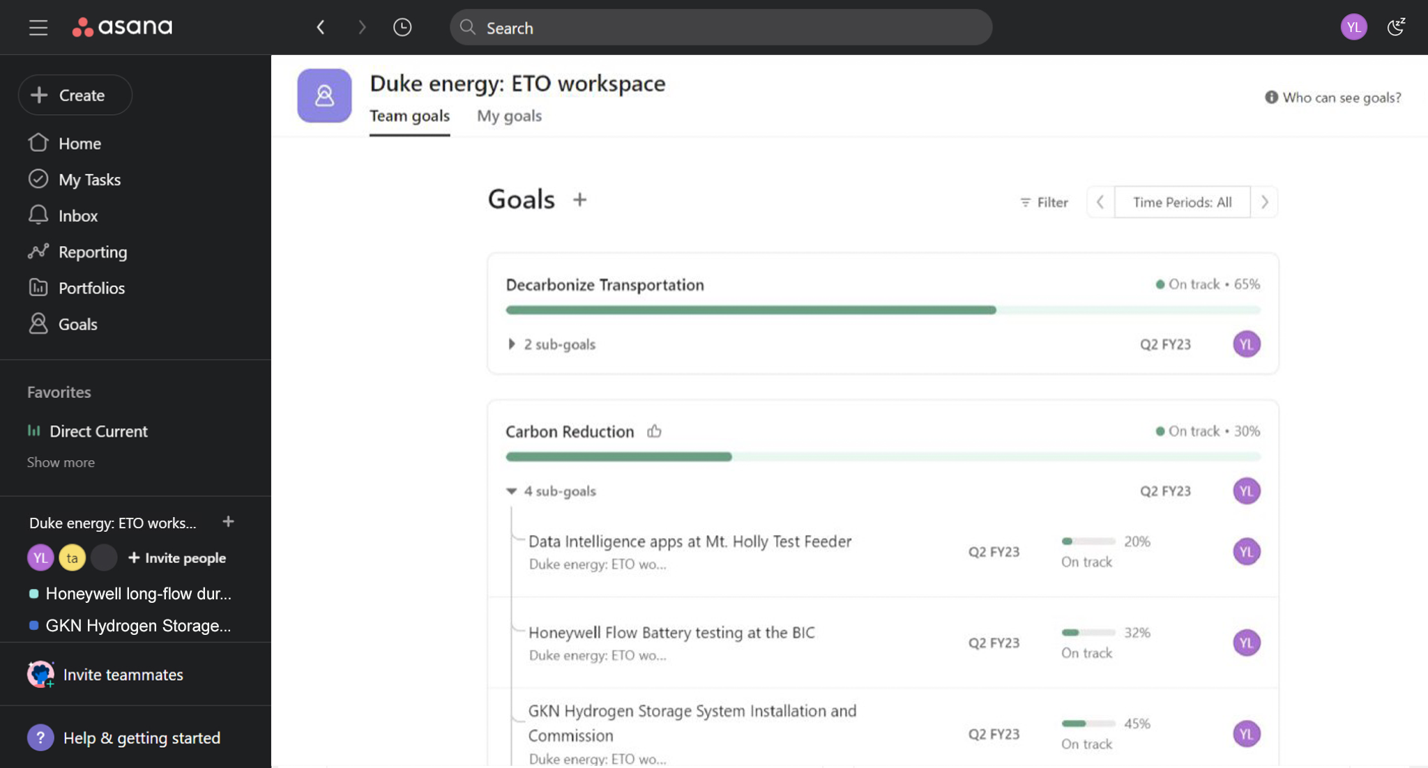 Asana ETO goals view connecting projects to Duke Energy objectives