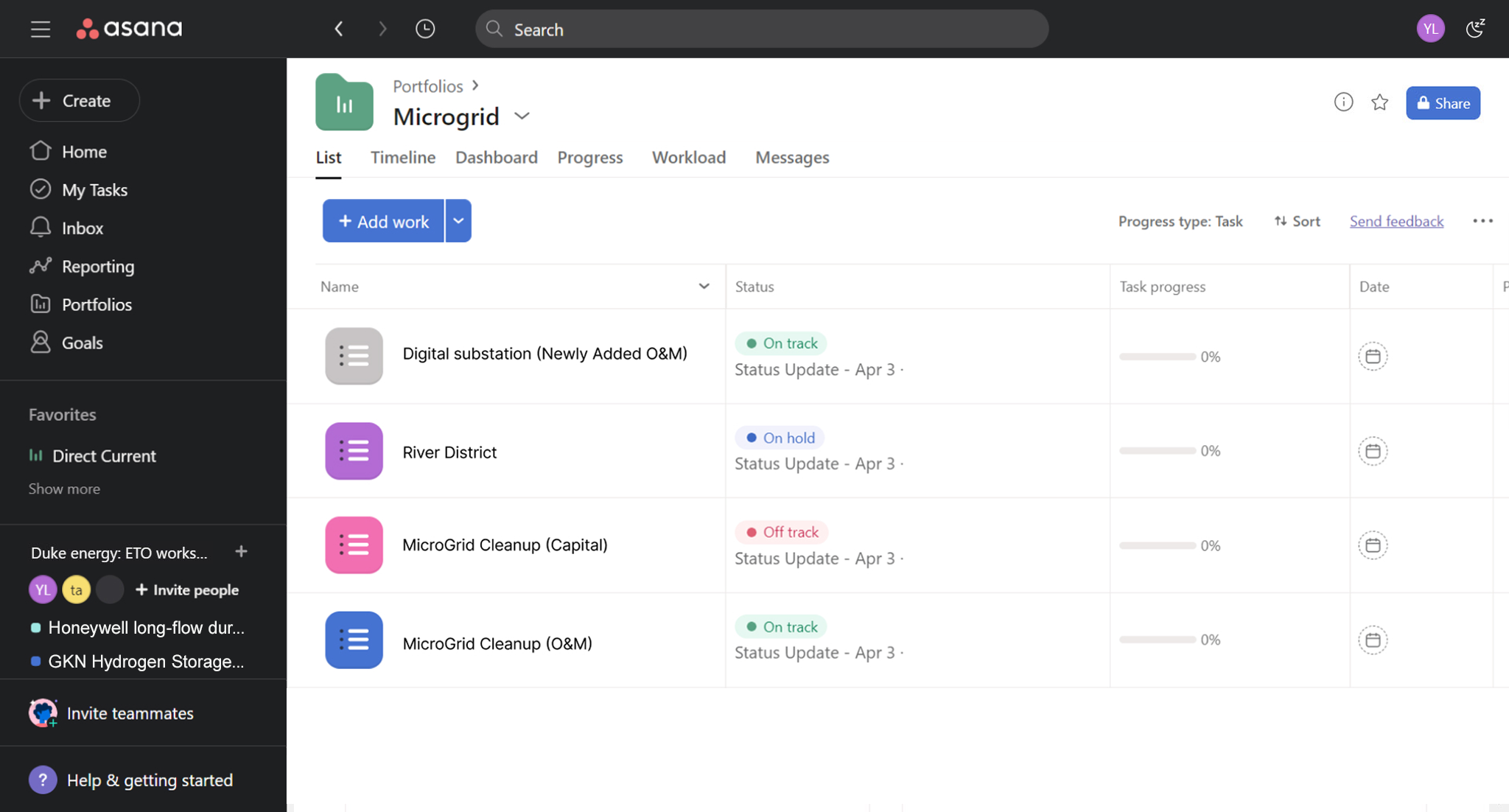 Asana portfolio view grouping ETO microgrid projects