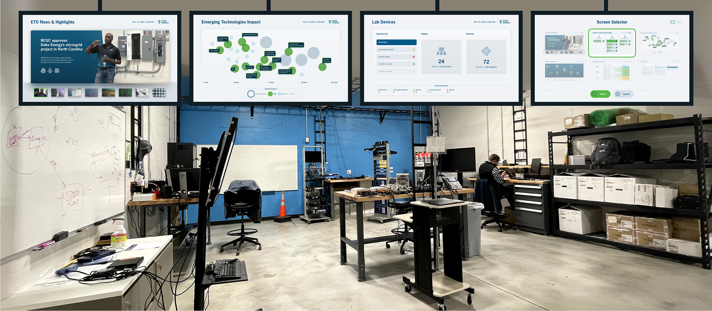Family of ETO display concepts in light mode for goals, projects, microgrid status, devices, news, and portfolio impact