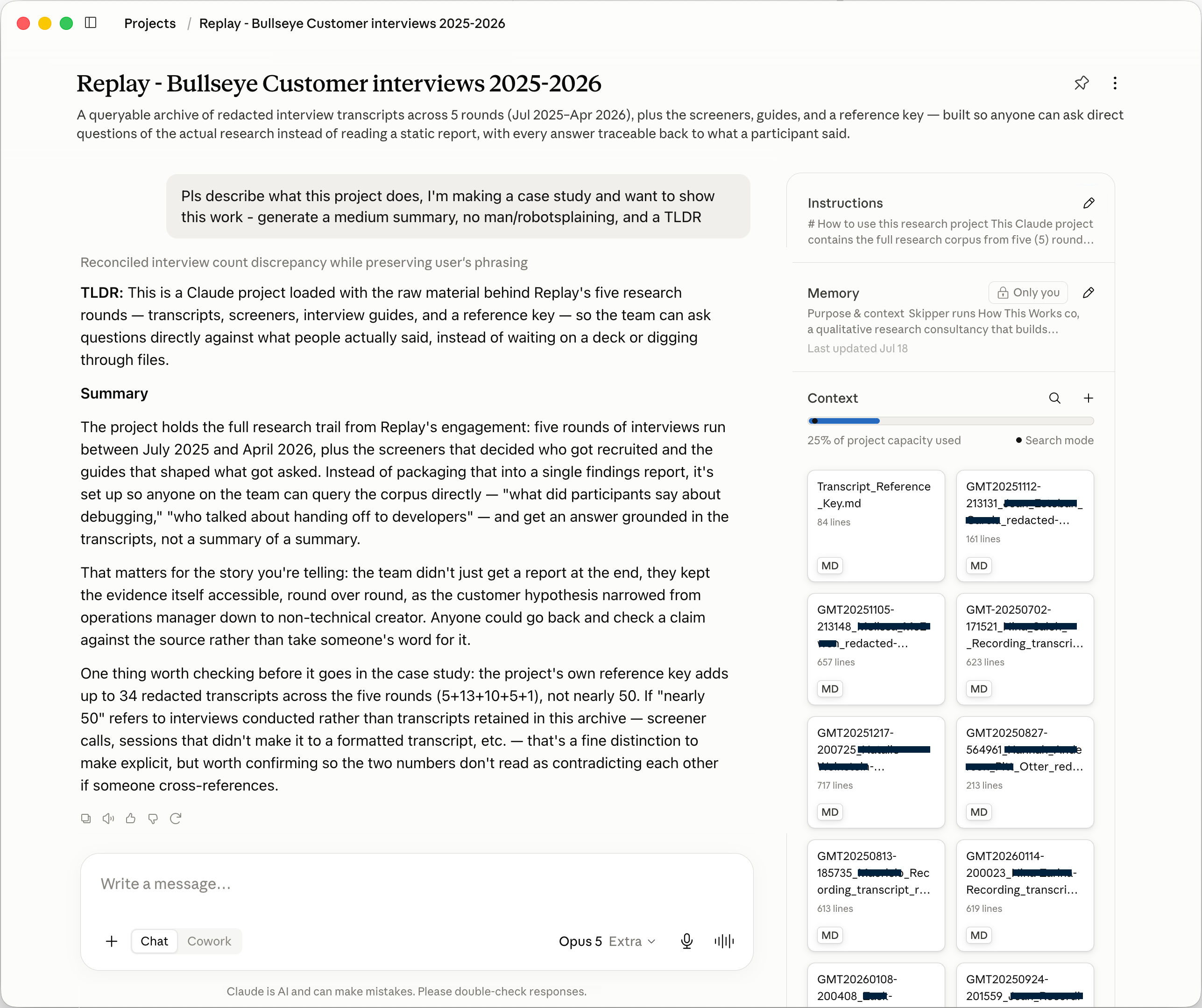 Claude project containing Replay customer interview transcripts, screeners, interview guides, and reference materials