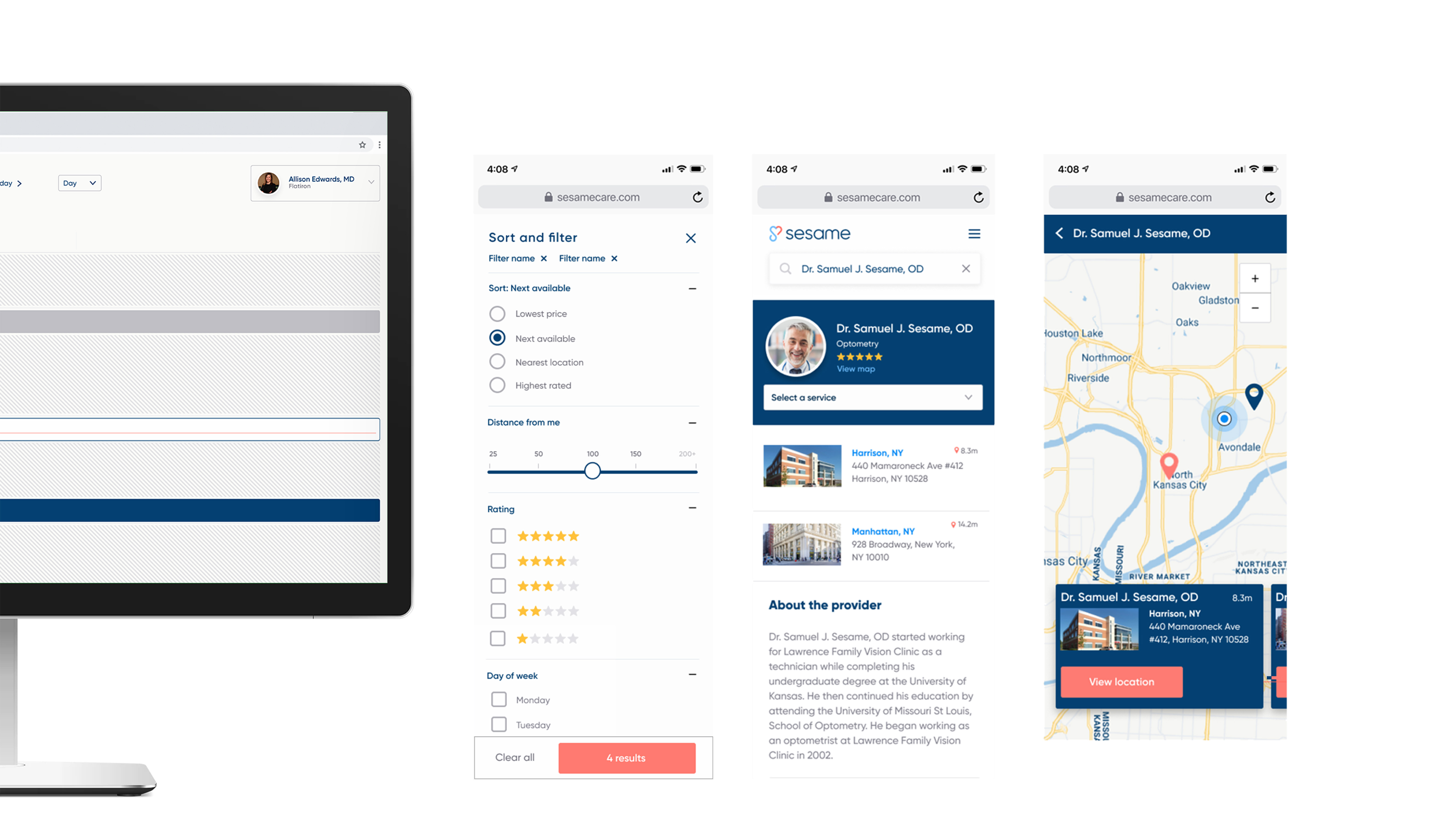 Mobile Sesame patient search, filtering, provider detail, and map screens