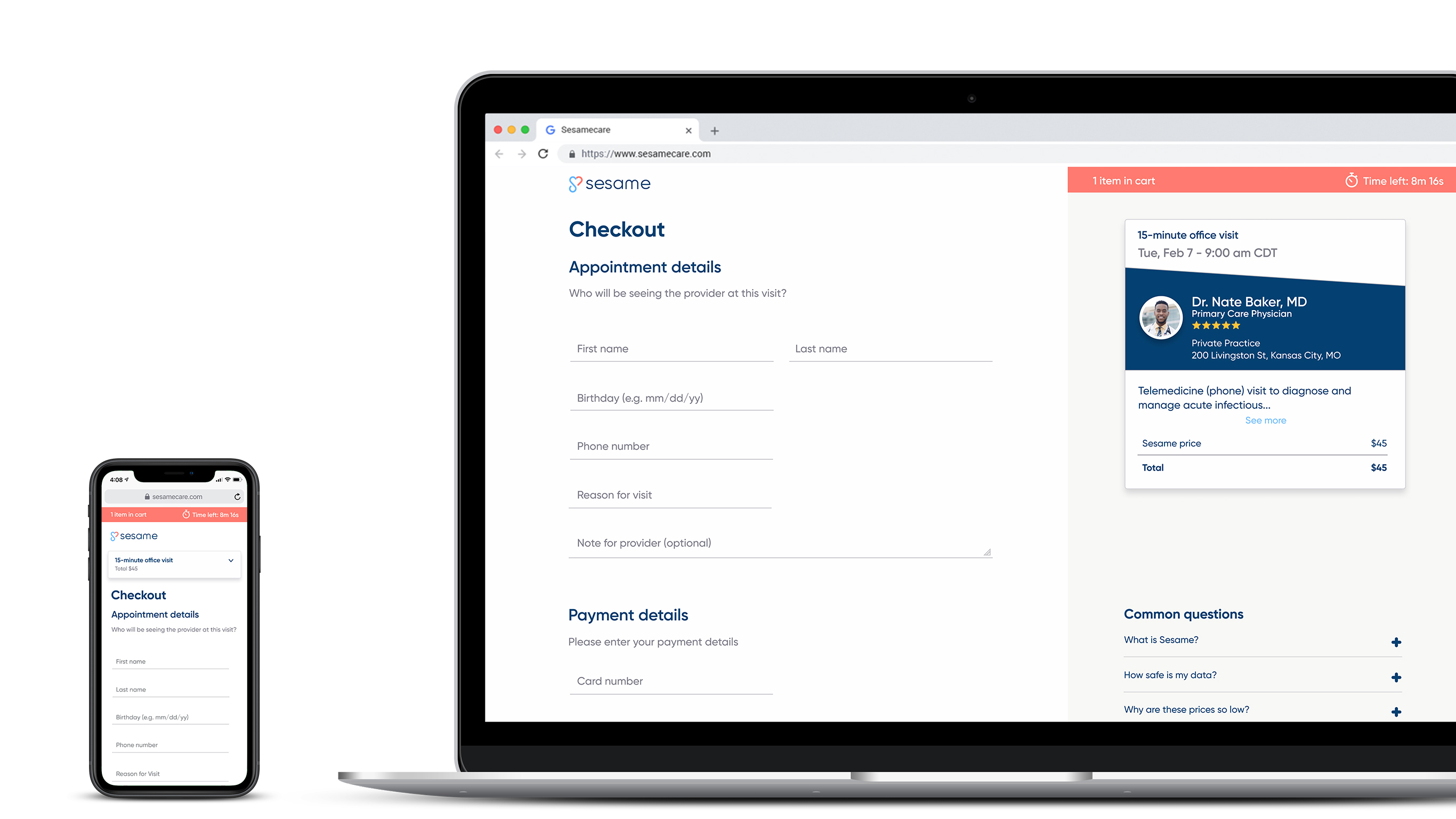 Sesame checkout after adding a persistent shopping basket and time-left bar