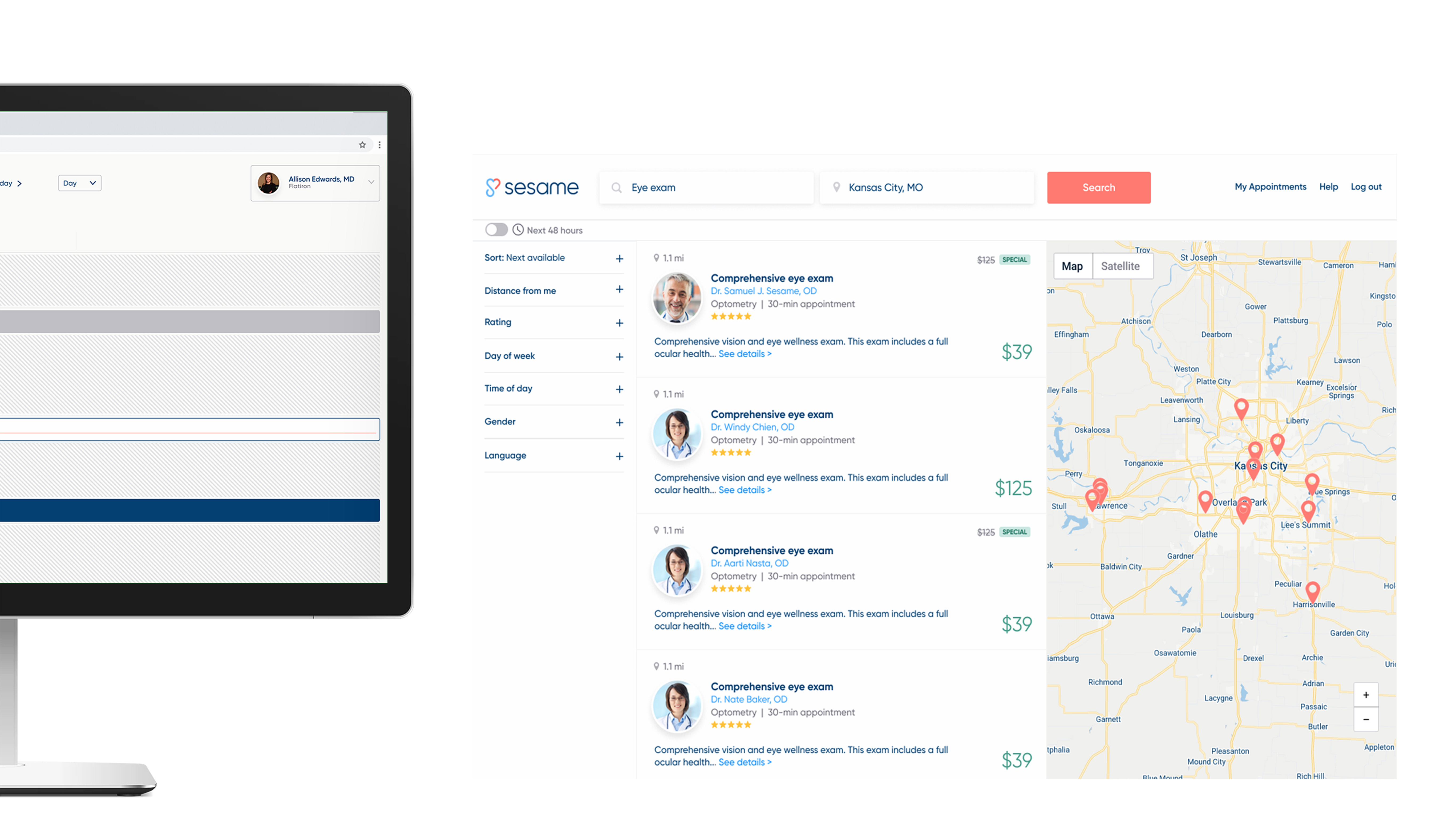 Desktop Sesame search results with provider listings and map