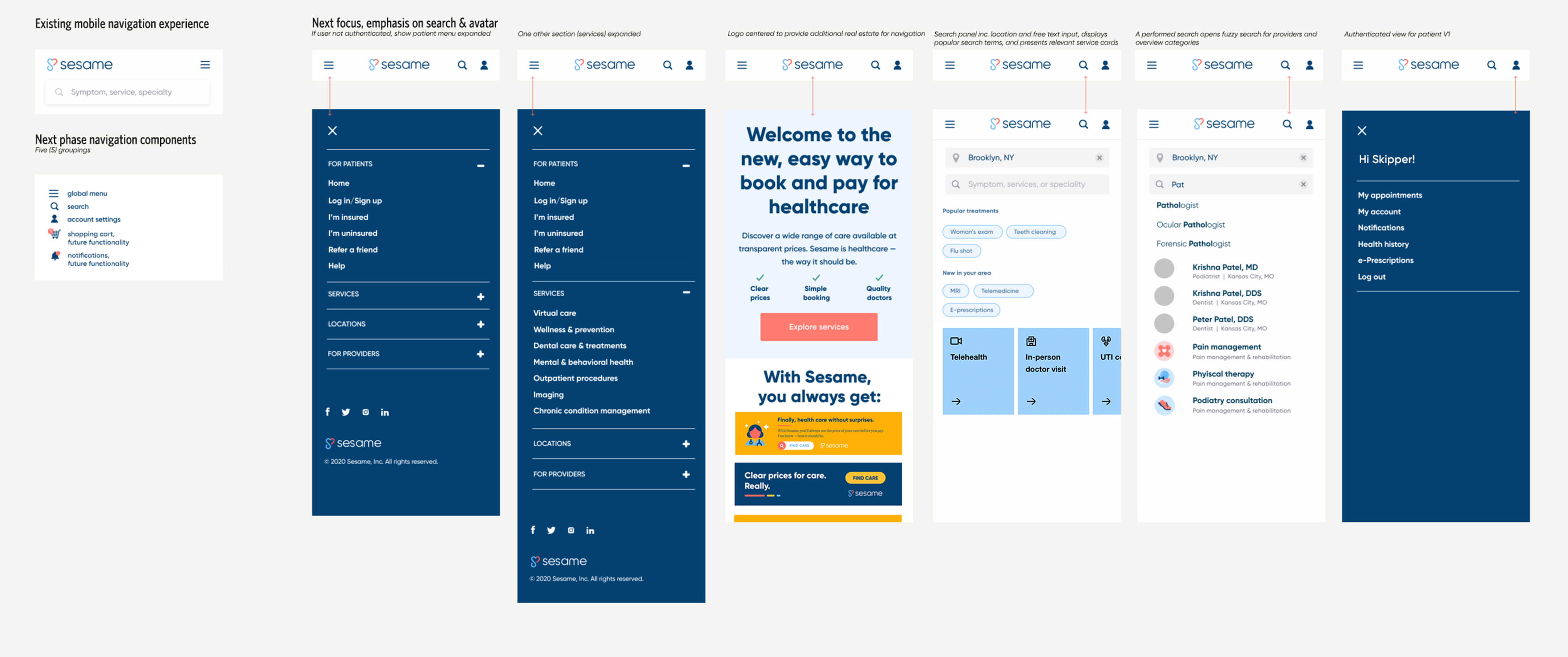 Sesame mobile navigation explorations showing menu, search, and account states