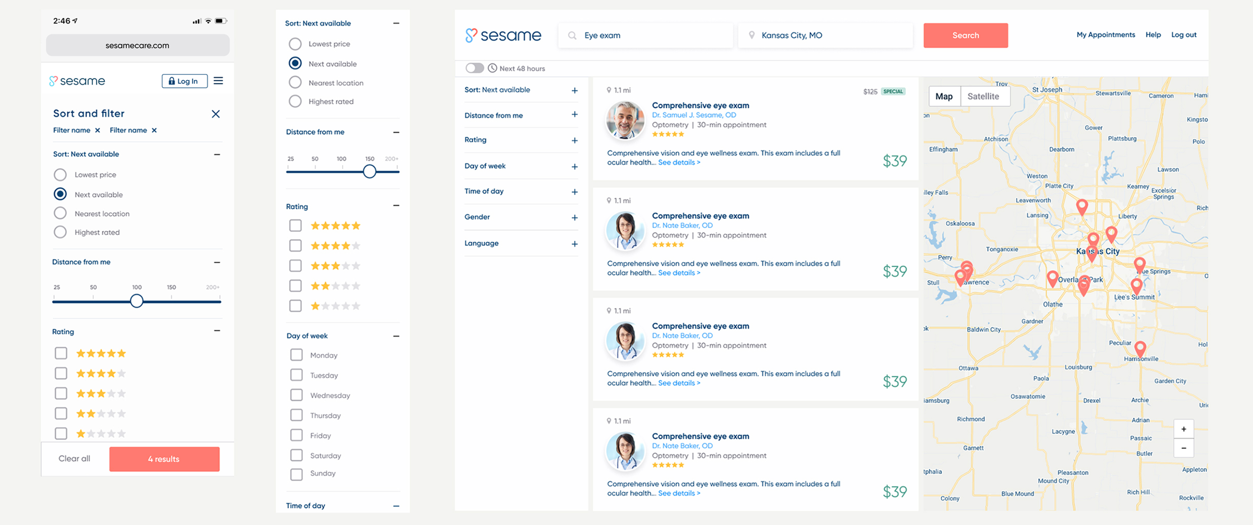 Sesame desktop and mobile filtering patterns shown together