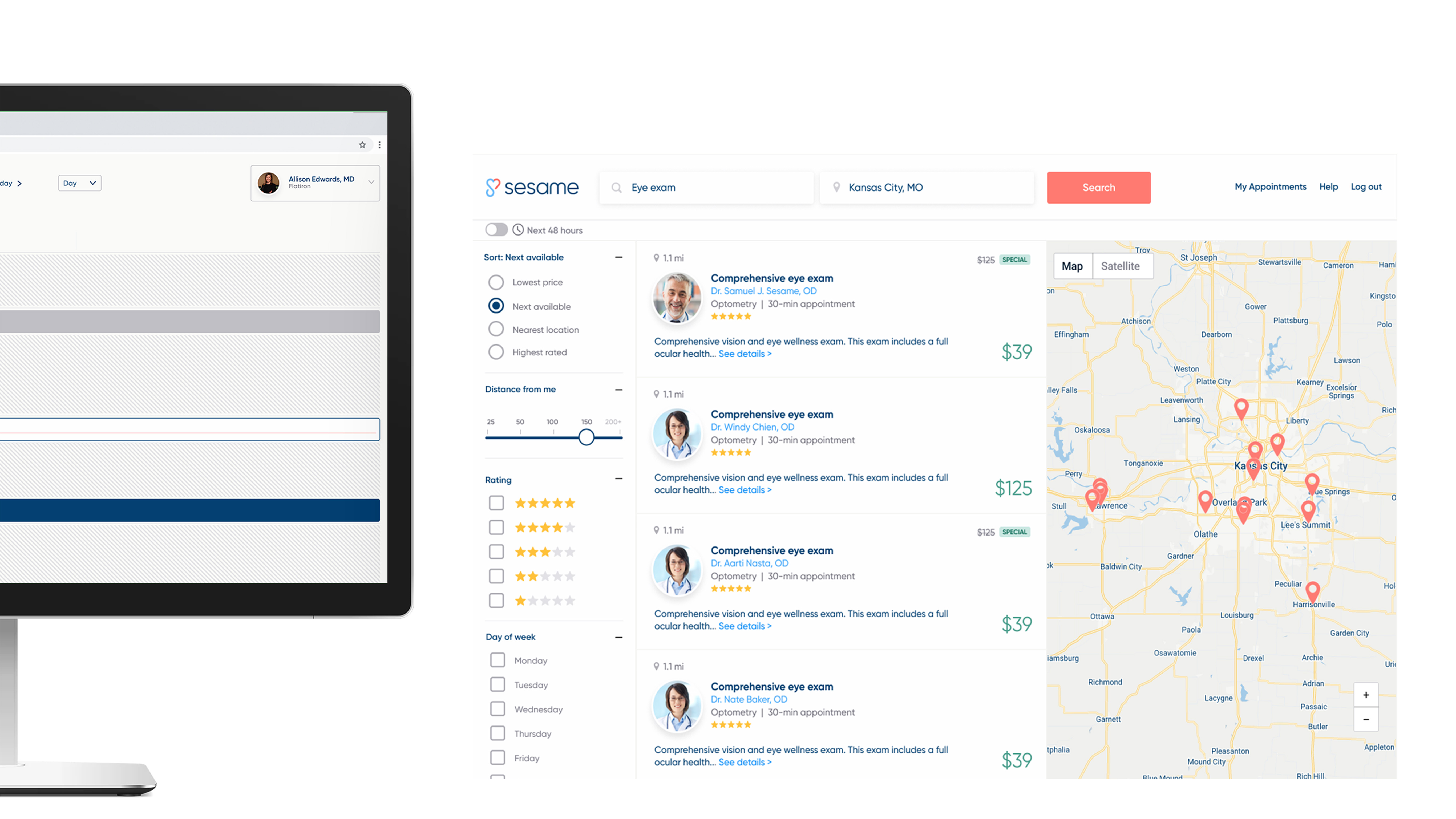 Desktop Sesame search results with expanded filters and map