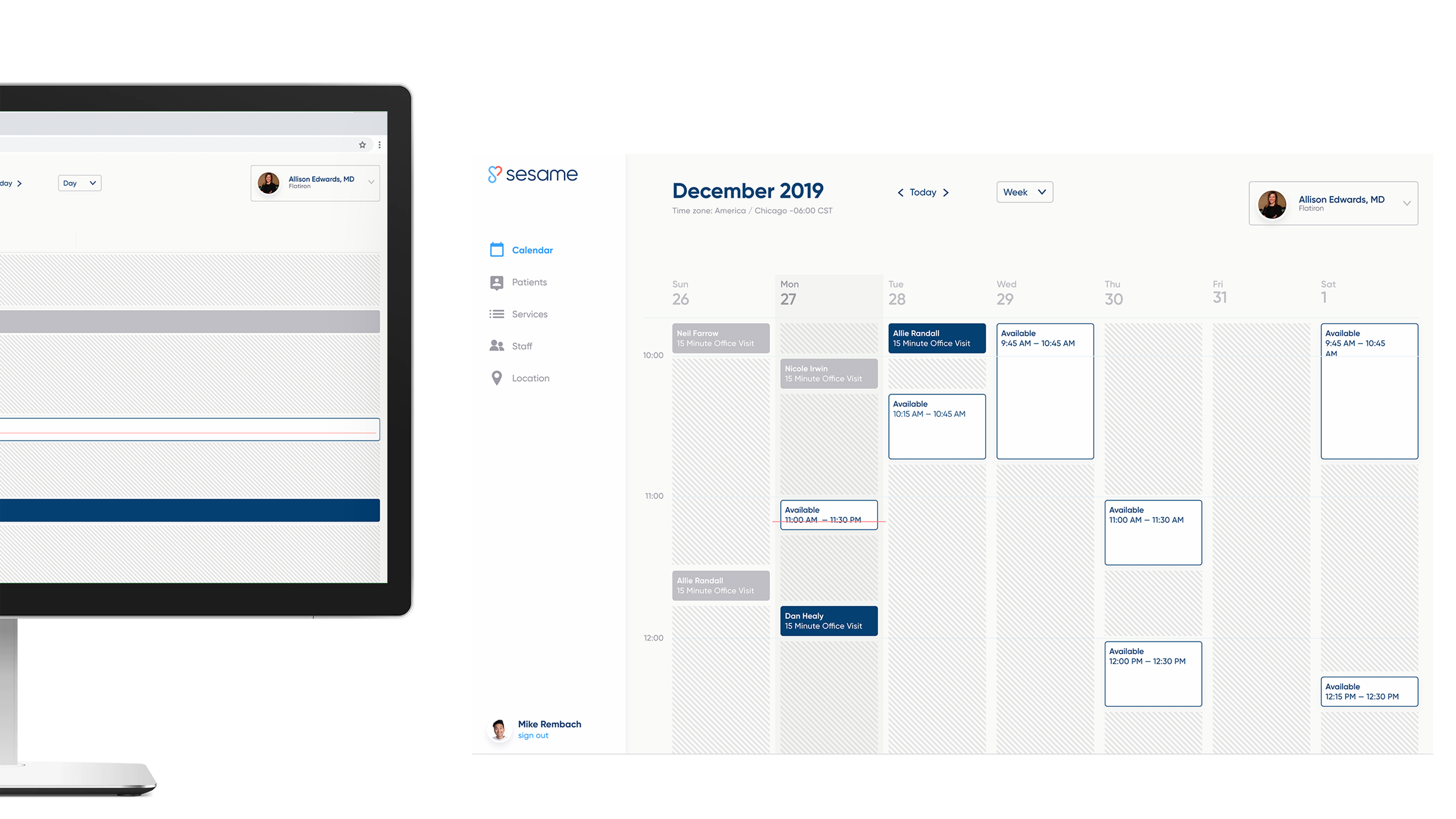 Sesame provider scheduler showing appointments and sellable availability