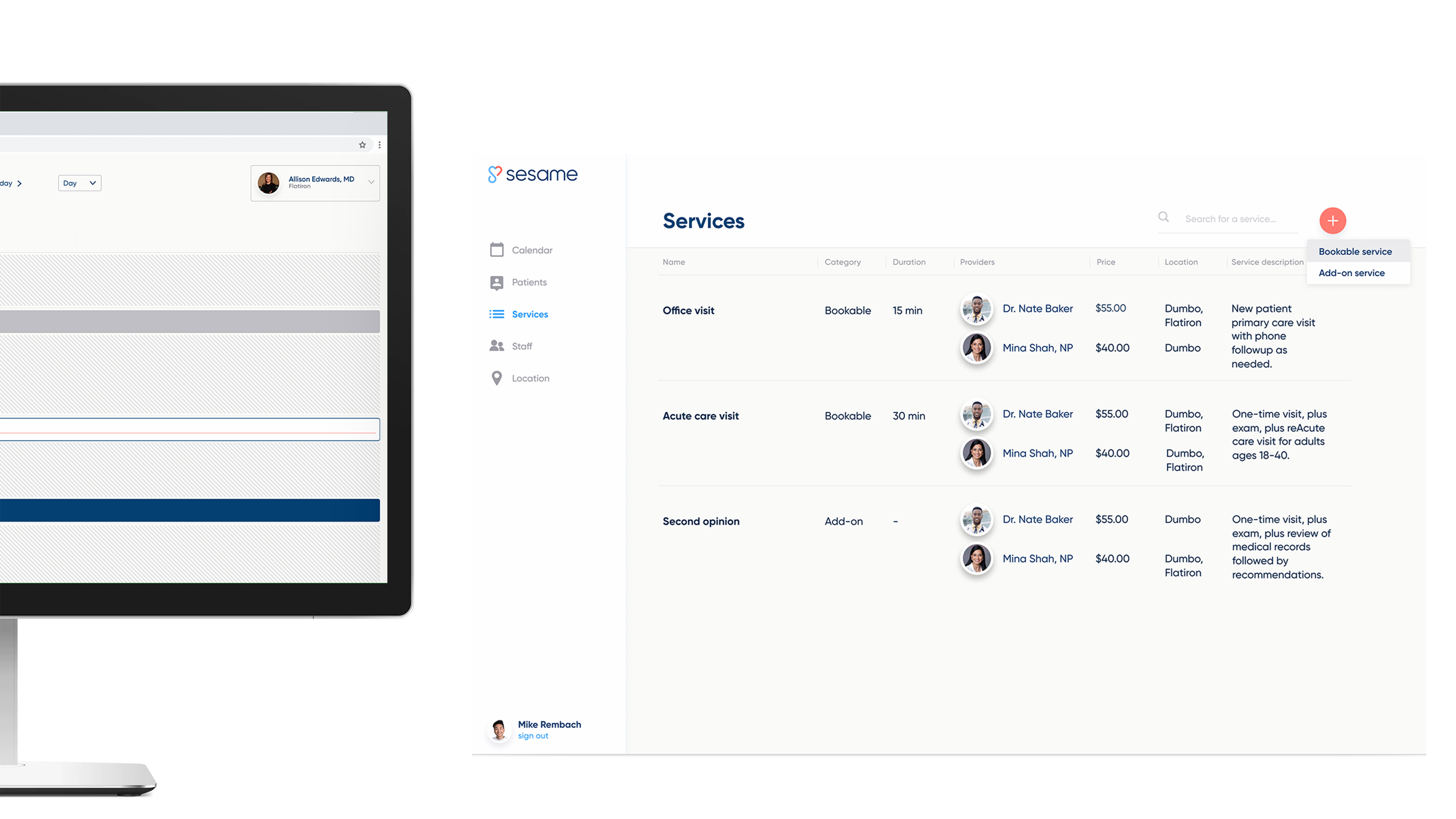 Sesame provider services administration showing bookable and add-on services