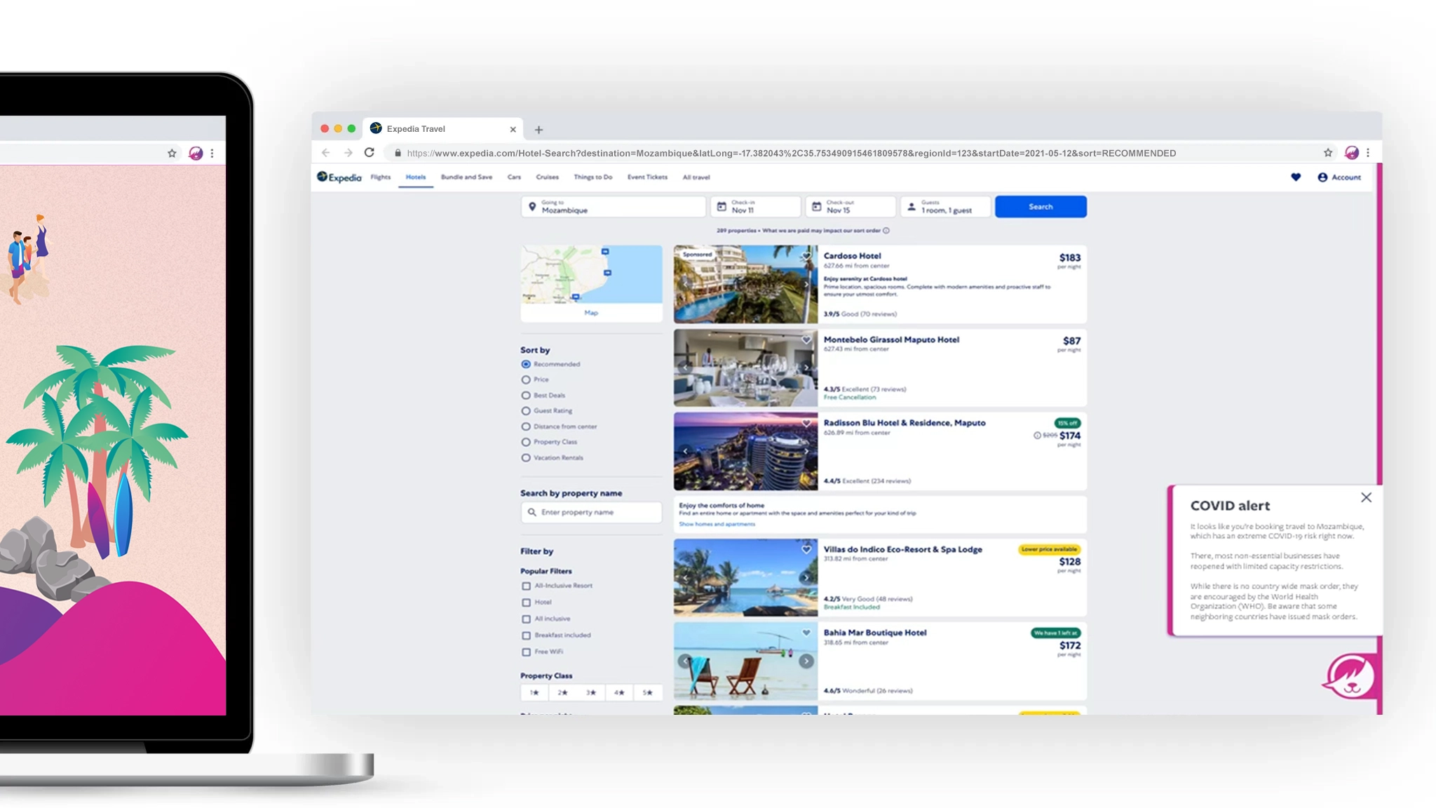 Shep traveler interface displaying a COVID-19 travel advisory