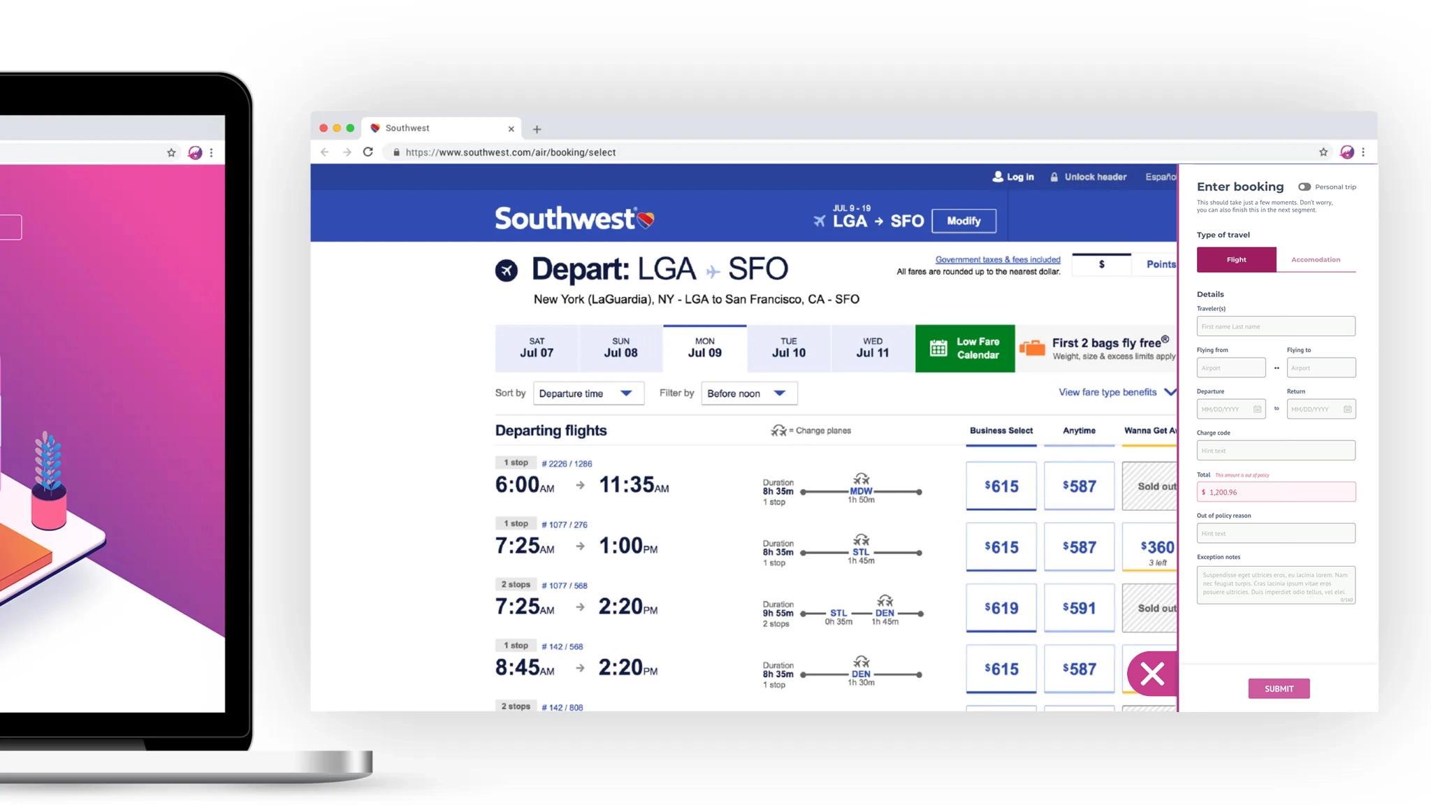 Shep browser extension overlay displaying company guidance during a travel booking