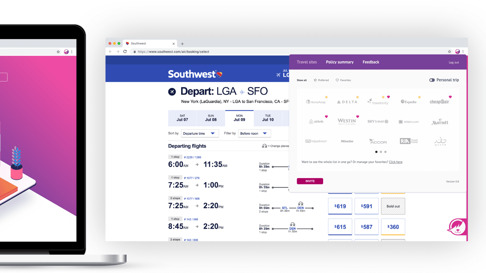 Shep traveler interface showing familiar consumer travel booking sites