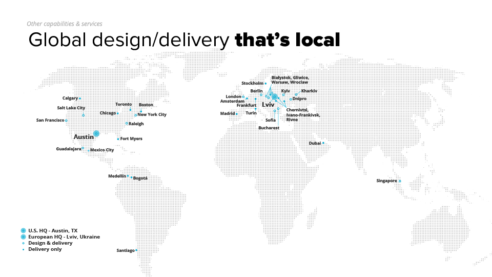 Map of SoftServe design and delivery locations around the world